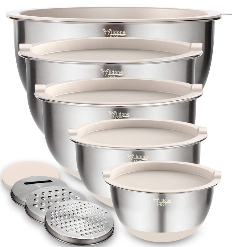 Wildone Mixing Bowls with Airtight Lids Set, 5PCS Stainless Steel Khaki Nesting Bowls for Kitchen, with Grater Attachments & Non-Slip Bottoms, Size 5, 3, 2, 1.5, 0.63 QT, Great for Mixing & Serving - Image 1